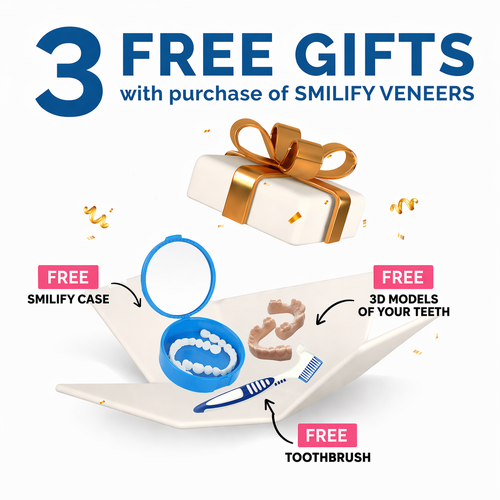 Smilify veneers free gift set including compact mirror case, toothbrush and 3D teeth model